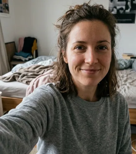 Selfie of a brown-haired woman in her bedroom.