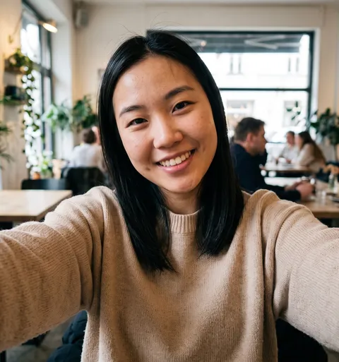 Selfie of a smiling woman in a café.