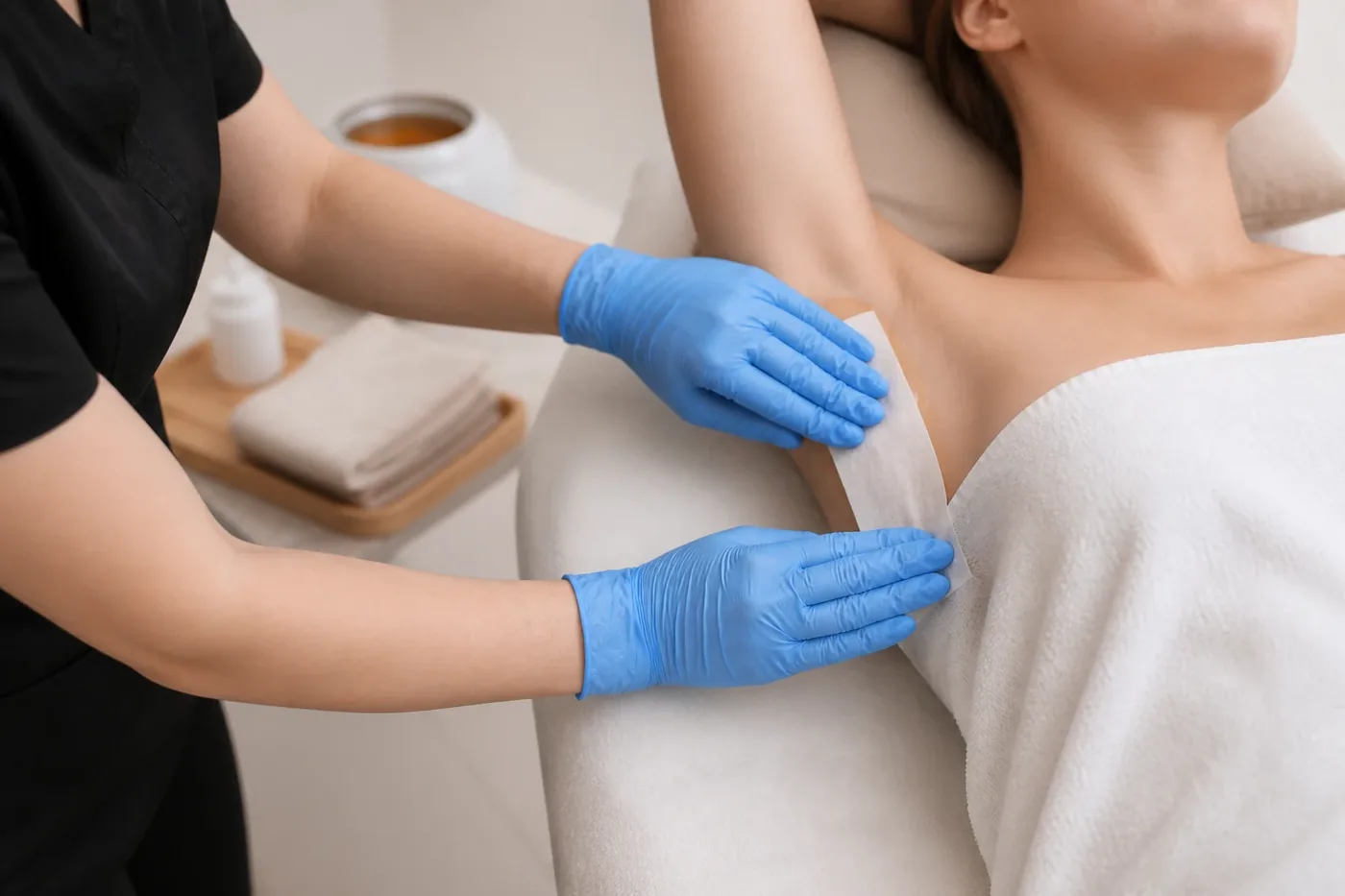 Specialist removing a wax strip from a client’s underarm.